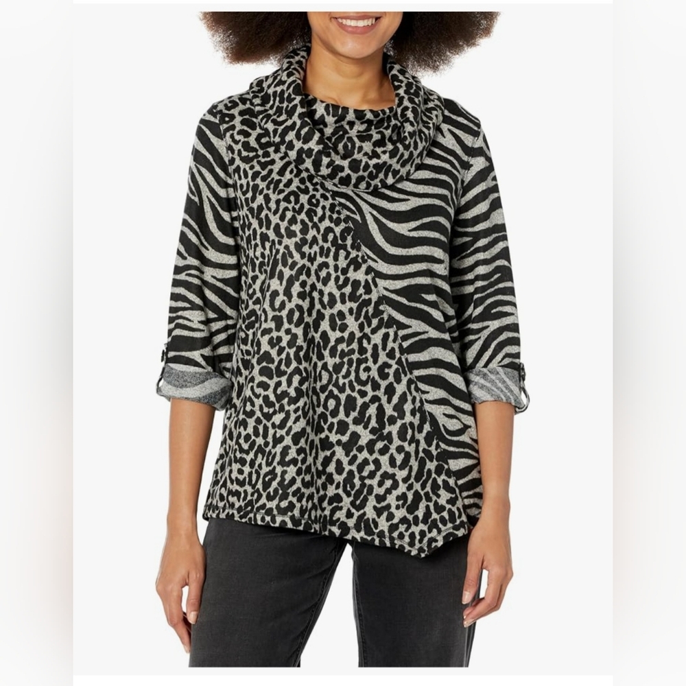 NWT Multiples Cowl Neck 3/4 Roll Tab Sleeves Asymmetrical Hem Tunic 1X